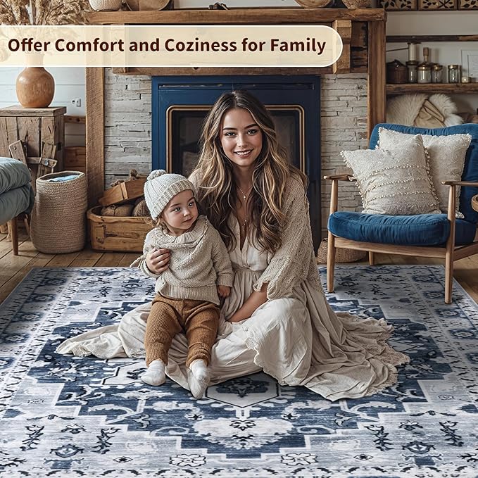 LBRO2M Boho Rug 4X6 Washable Rugs for Bedroom Non Slip Indoor Rugs, Soft Low Piles Carpet Blue Foldable Rug for Living Room Pet Friendly Area Rugs Stain Resistant (4'X6' Light Blue)