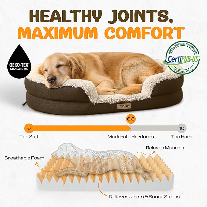 Fluffy Orthopedic Dog Bed for Extra Large Dogs, Calming Plush Sofa Bed with Curved Bolster Support and Egg-Crate Foam Base, 48" Cozy Oval Pet Donut Bed with Washable Cover, Coffee