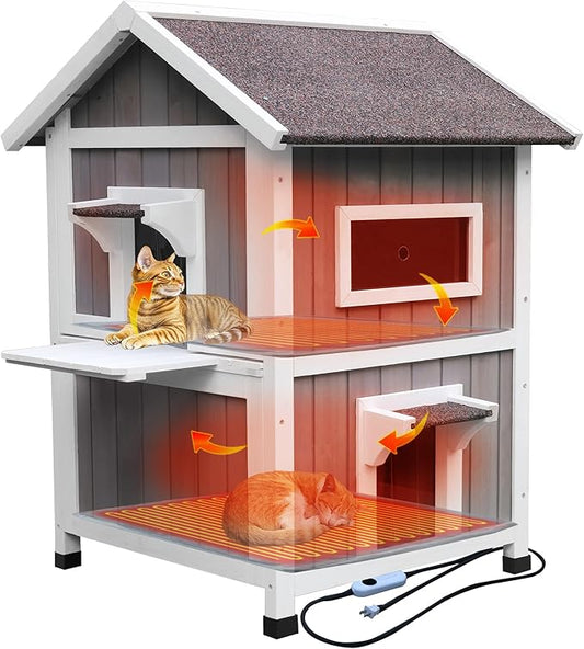 Rockever 100% Waterproof & Insulated Heated Cat House for Outdoor Cats, 2 Story Heated Cat House for Outside with Heating Pad, Elevated Outdoor Cat House, Feral Cat Shelter with Escape Door