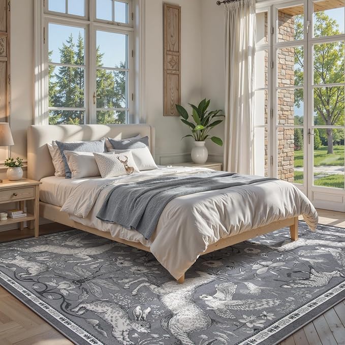 Lahome Boho Animal Washable Rugs for Living Room 8x10, Grey Soft Rugs for Bedroom, Botanical Large Boho Non Slip Dining Room Carpet for Under Table Office Kids Playroom (8x10ft,Grey)