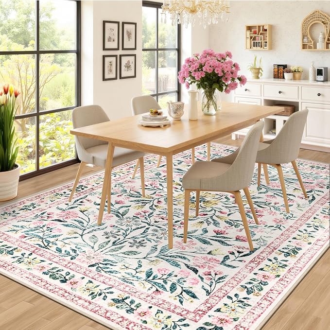 Area Rugs 9x12 Living Room: Floral Washable Rug Vintage Large Soft Boho Non-Slip Carpet Indoor Stain Resistant Low Pile Carpets for Bedroom Dining Room Farmhouse Nursery Hallway Home Office Pink Green