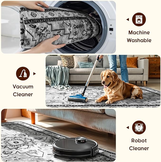 LBRO2M Boho Rug for Entryway Indoor Washable Rugs 3X5 Front Door Carpet Gray Non Slip Throw Rug, Small Rug for Bathroom Kitchen Rugs Pet Friendly Area Rugs Low Piles (3'X5' Gray)