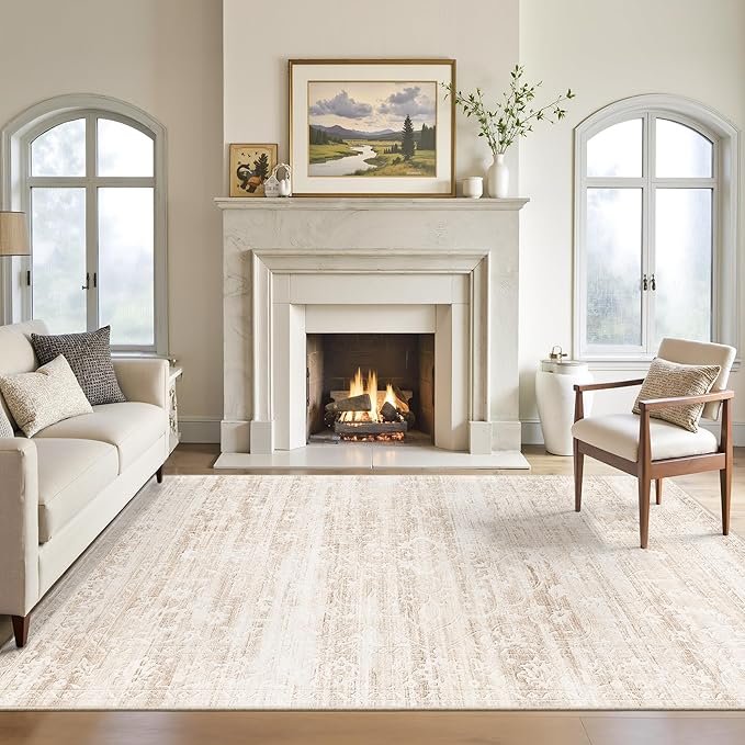 Area Rugs 5x7 for Living Room, Floral Washable Rugs for Dining Room, Bedroom, Kitchen, Vintage Non-Slip Thin Area Rug Beige Ivory