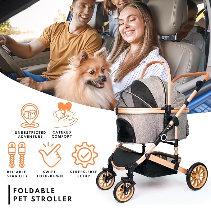 Pet Stroller for Medium Dogs, Smooth-Ride Dog Stroller with Detachable Carrier, Rubber Wheels, Car Seat Combo 3-in-1, Up to 50 lbs, for Senior Dogs & Cats, Grey