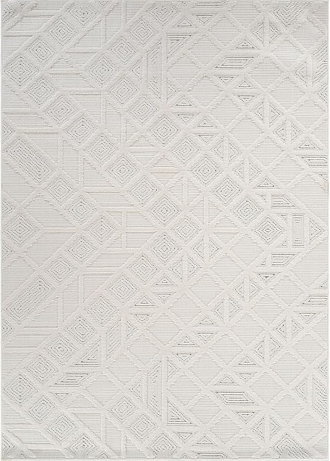 Modern Micro Loop Indoor Area Rugs for Living Room Bedroom Kitchen Geometric Square White 5x7 Luxury Durable Low and High Pile Non-Shedding Stain Resistant Soft Area Carpet 5 x 7