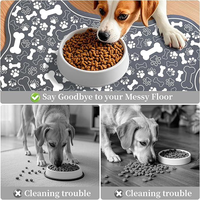 Dog & Cat Food Mat Bone Shaped Pet Feeding Mat Quick Absorb Water Bowl Placemat with Rubber Backing Indoor Floor Stain Resistant Pet Accessory Supplies (Dark Gray, 17x29 Inches)