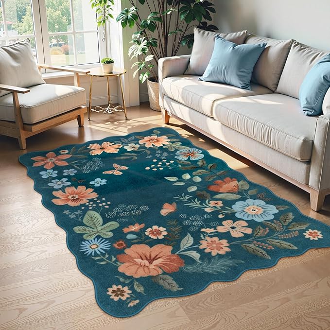 Lahome Floral Machine Washable Rug, 3x5 Rug Non Slip Soft Bedroom Rugs for Entryway Dorm, Ultra-Thin Boho Rugs for Living Room Stain Resistan Throw Carpet for Nursery Entrance, Navy Blue