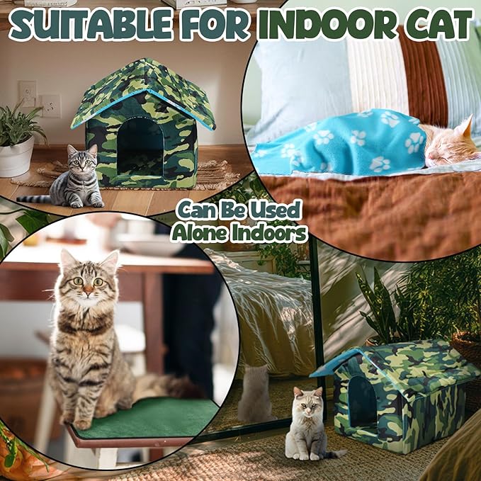 18" x 17" x 16" Outdoor Cat House for Winter Weatherproof Feral Pet Shelter for Cats Dog Collapsible Green Camouflage Pet House Outside with Self Warming Pad Blanket 3 Tent Stake(L Size)