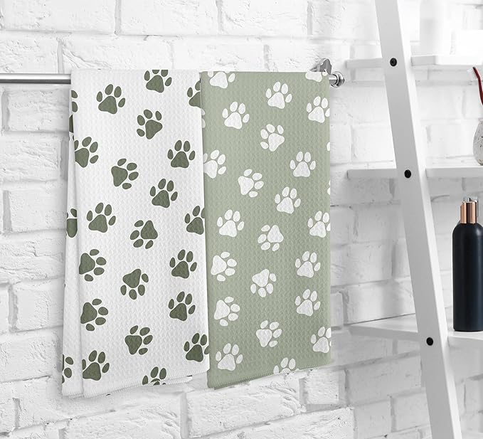 Dog Paws Dish Towel, Sage Green Kitchen Towels and Dishcloths Set of 2, Green and White Hand Towels for Bathroom, Dog Print Kitchen Towel Decorative, Cute Dogs Paw Gifts for Dogs Lovers,16×24In