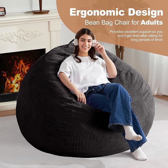 Homguava 5FT Bean Bag Chair for Adults,Teardrop Giant Bean Bags Big Beanbag Chair with Memory Foam Filled and Ultra Soft Removable Corduroy Cover for Living Room, Bedroom (Black)
