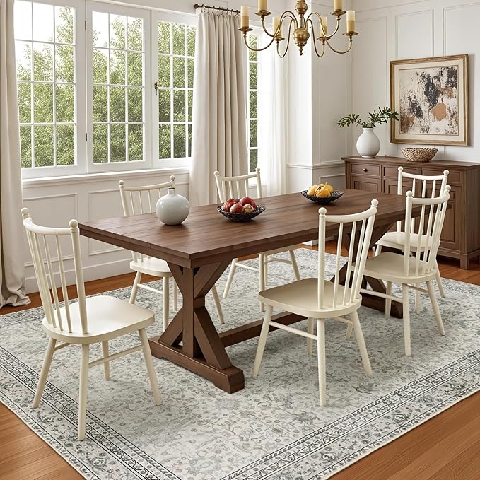 Washable Area Rugs 6x9 Floral Beige, Large Indoor Rug for Living Room Bedroom, Vintage Farmhouse Carpet for Dining Room, Cream White