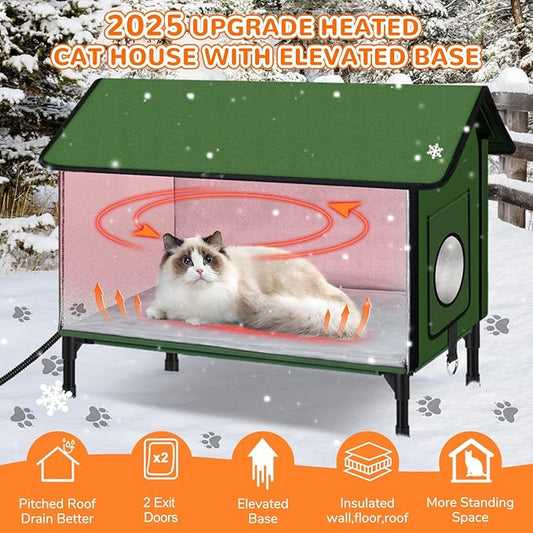 REAPALOT Heated Cat House for Outside Cat in Winter, Insulated Outdoor Feral Cat Shelter with Cat Heating Pad, Elevated Heated Kitty House for Multiple Cats (Green, L(24.4"x16.9"x24.4"))
