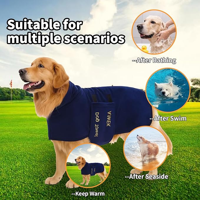 Dog Towel Dog Bathrobe, Microfiber Super Absorbent Pet, Quick Drying Robe for After Bath, Adjustable Collar & Belly Strap Pet Cat Bath Robe Towel Blue-L
