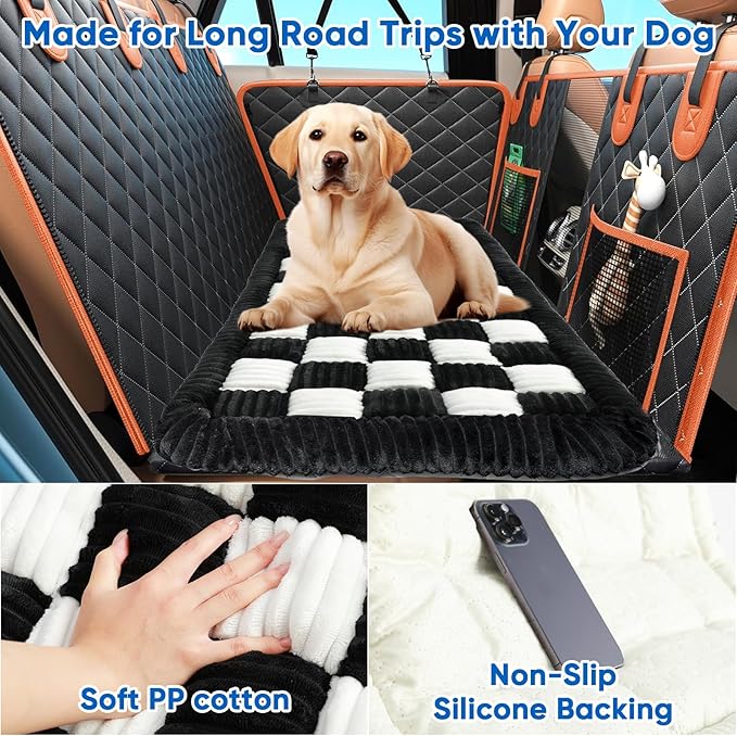 Dog Car Bed Mat for Backseat Extender, Non-Slip Black Flannel Pet Travel Blanket with Thick PP Cotton, Back Seat Protector for Dogs in SUVs, Trucks & Sedans (51"x23.6")