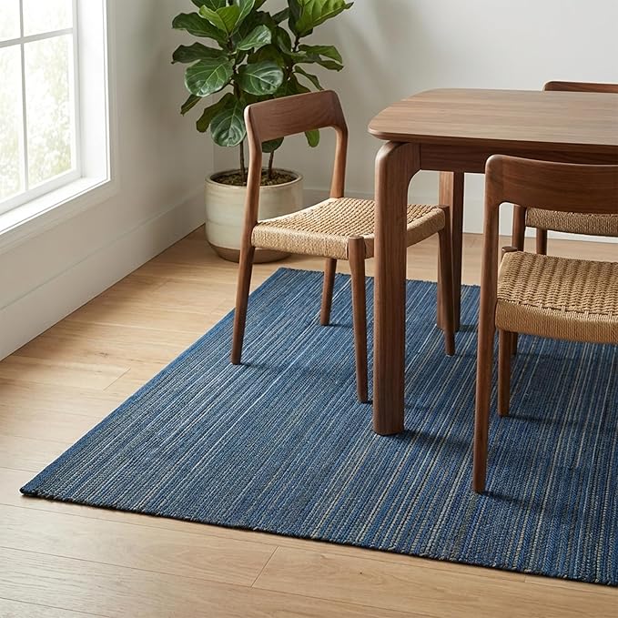 Fab Habitat Area Rug - Hand Woven, Stain Resistant, Pet Friendly - Premium Recycled Polyester Yarn & Reclaimed Rubber - Stripes - Bedroom, Living Room - Kismet - Indigo - 4 x 6 ft