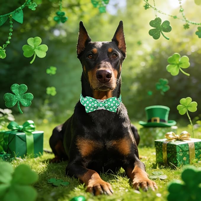 Maca Bates St. Patrick's Day Shamrock Dog Collar,Fancy Bow Tie,Large Girl Boy Dogs, Checkered Lucky Clover Pattern,Adjustable Durable Soft Checkered Collars Irish Gift for Male Female Puppy