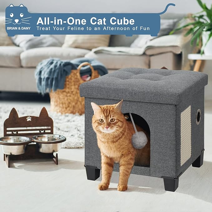 BRIAN & DANY Foldable Cat House, Cat Cave, Cat Cube with Scratch Board & Ball, 37.5 x 32.5 x 36 cm, Gray
