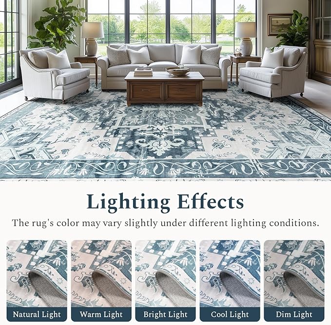 Rugflix 8x10 Area Rug for Living Room, Machine Washable Area Rugs with Non-Slip Backing, Large Soft Boho Vintage Rug for Bedroom, Dining Room, Traditional Thick Carpet, Kids Pet Friendly, Blue