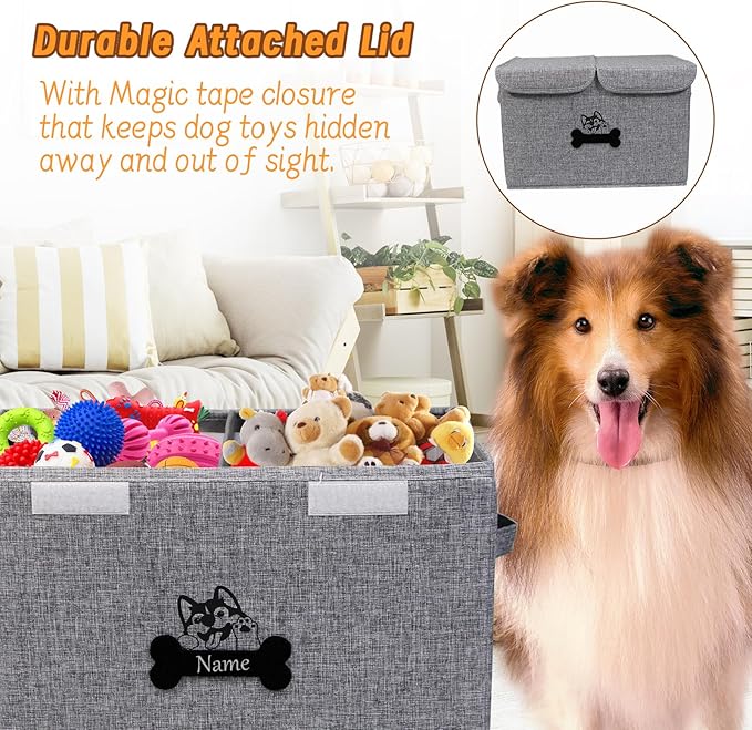 Geyecete Large Storage Boxes - Large Linen Fabric Foldable Storage Cubes Bin Box Containers with Lid and Handles Can be Personalized(Snow Gray)