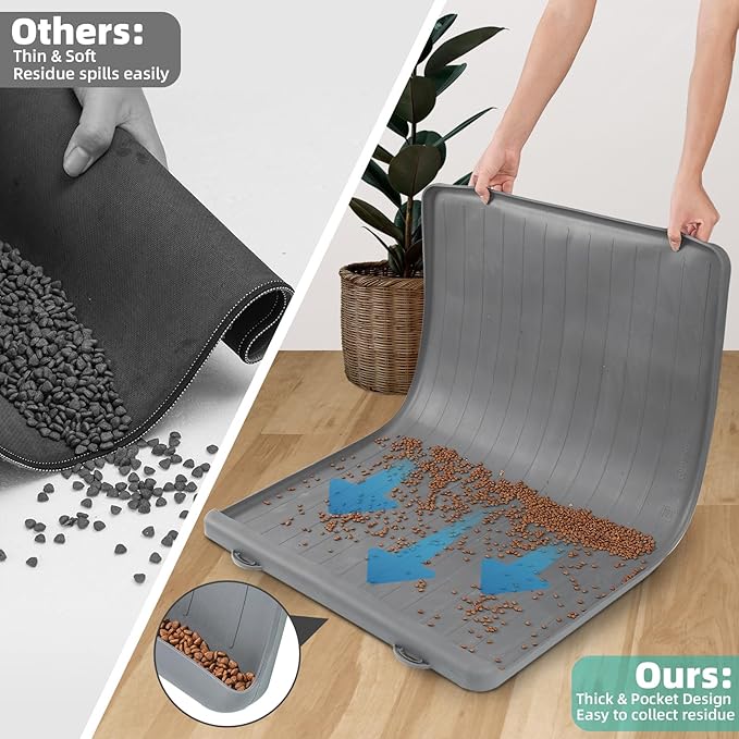 Dog Mat for Food and Water - 39.4" x 27" Large Pet Feeding Mats with Residue Collection Pocket - Waterproof Dog Cat Bowl Mat with High Edges to Prevent Water and Food Spills (Light Grey)