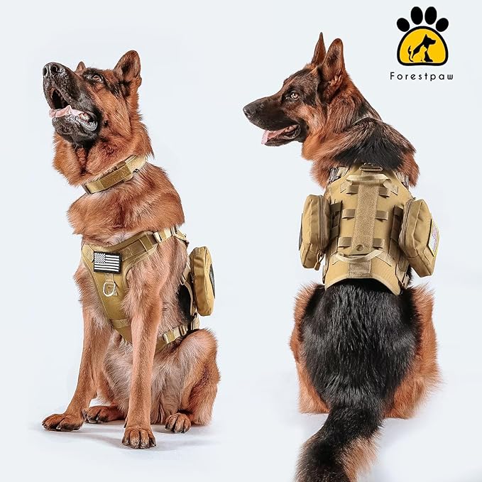 Forestpaw Dog Harness Medium Sized,Tactical Dog Harness with Handle,No Pull Military Style Service Dog Vest with Pockets Adjustable for Medium Dogs,Brown,Chest 19.5-41.5"