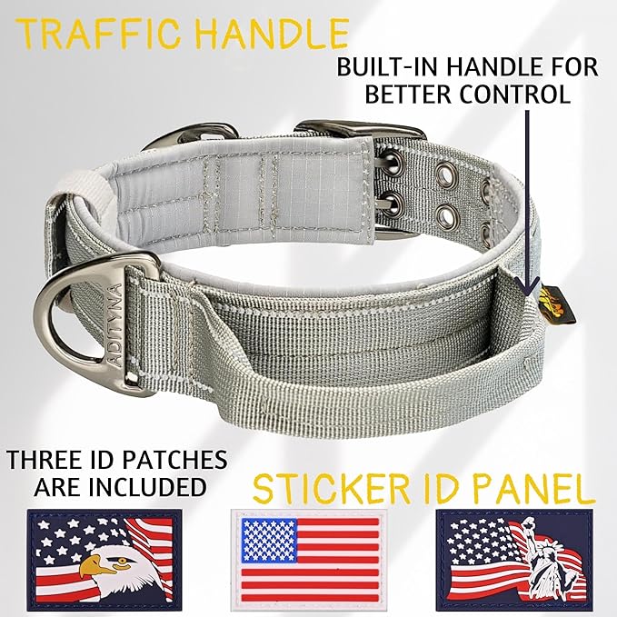 ADITYNA Heavy Duty Dog Collar for Extra-Large Dogs - Reflective Gray Collar with Handle for Training, and Walking - Wide, Thick, Tactical, Soft Neoprene Padded