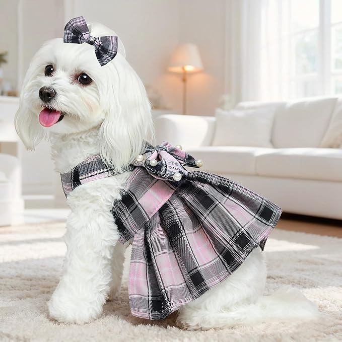 Dog Dress Bowknot Harness Leash Set for Small Dogs Girl Cute Plaid Dog Dress Pearls Bow Tie Spring Summer Princess Clothes Birthday Holiday Doggie Outfits for Puppy Cats Girl Apparel (Black, Medium)