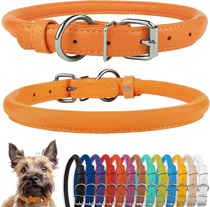 CollarDirect Rolled Leather Dog Collar, Soft Padded Round Puppy Collar, Handmade Genuine Leather Collar Dog Small Large Cat Collars 13 Colors (6-7 Inch, Orange Textured)