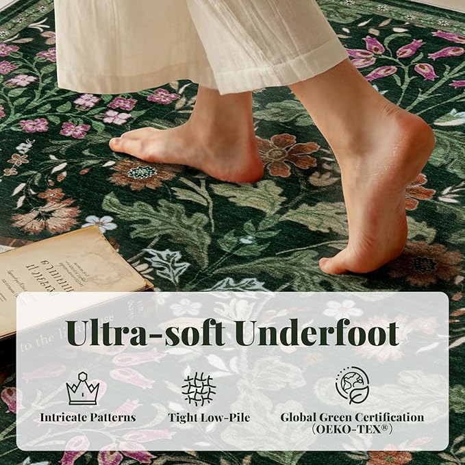 Floral Area Rug for Living Room: 6x6 Washable Soft Low Pile Thin Indoor Carpet, Non Slip Stain Resistant Vintage Flower Boho Accent Large Rugs for Bedroom, Dining, Home Office, Nursery - Green