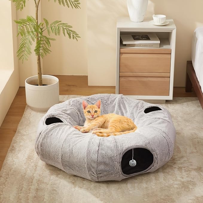 Cat Tunnel Bed for Indoor Cats - Cute Cat Donut Tunnel with Washable Circle Cushion, Round Pet Play Tunnel Toy for Kitten/Puppy/Rabbit,Grey