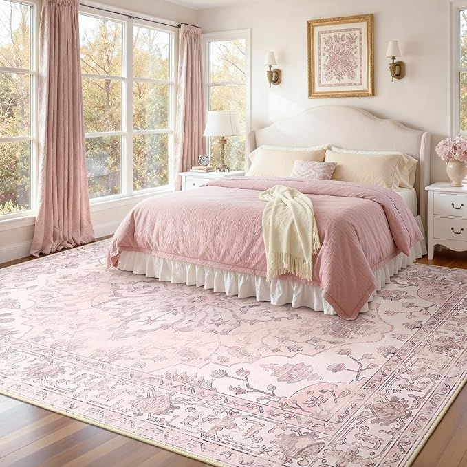 Area Rugs 8'x10' Washable Non-Slip, Floral Vintage Distress Print Pattern Medallion Carpet for Living Room Bedroom Dining Room, Pink Greypink Cute