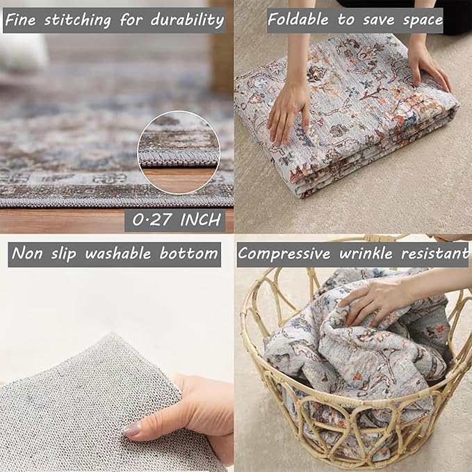 Retro Washable Area Rug 4X6 Washable Living Room Boho Chic Medallion Distressed DesignIndoor Non-Slip Large Accent Throw Rug for Kitchen Bedroom Office Carpet