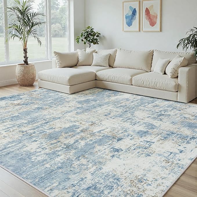 5x7 Area Rugs Living Room Rug Modern Abstract Neutral Washable Rugs Non Slip Soft Carpet Large Area Rug Low Pile Stain Resistant Non Shedding for Bedroom Nursery Dining Room Home Office Blue