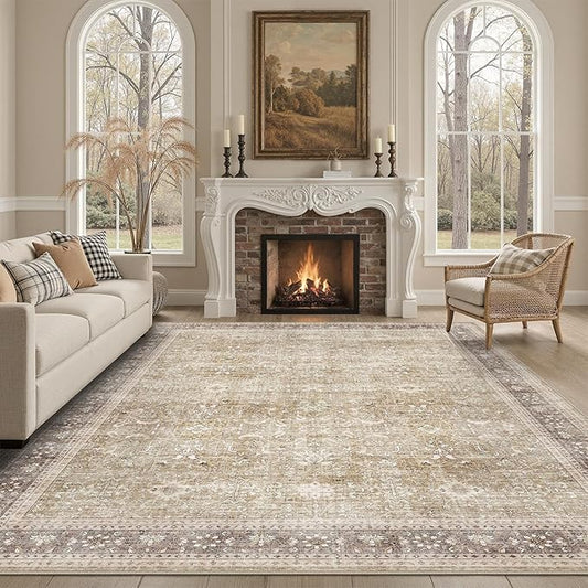 DCX Beige and Taupe 5x7 Rug, Kid & Pet Friendly with Rubber Back Non Slip, Machine Washable Stain Resistant Vintage Traditional Distressed Carpet, Rug for Living Room, Bedroom, Neutral Home Decor