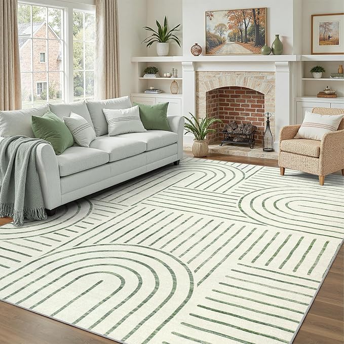 DCX Abstract Machine Washable 9x12 Rug, Sage Green Modern Accent Rug for Living Room, Soft Low Pile Non Slip Carpet, Kid & Pet Friendly Stain Resistant Rug for Bedroom Dining Room Office