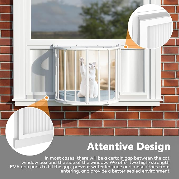 Cat Window Box, Semicircular Adjustable Window Catio, Wooden Cat Window Perch Fits Vertical Window Frames 26" to 42" Wide, Sunbathing, Napping & Overlooking, White