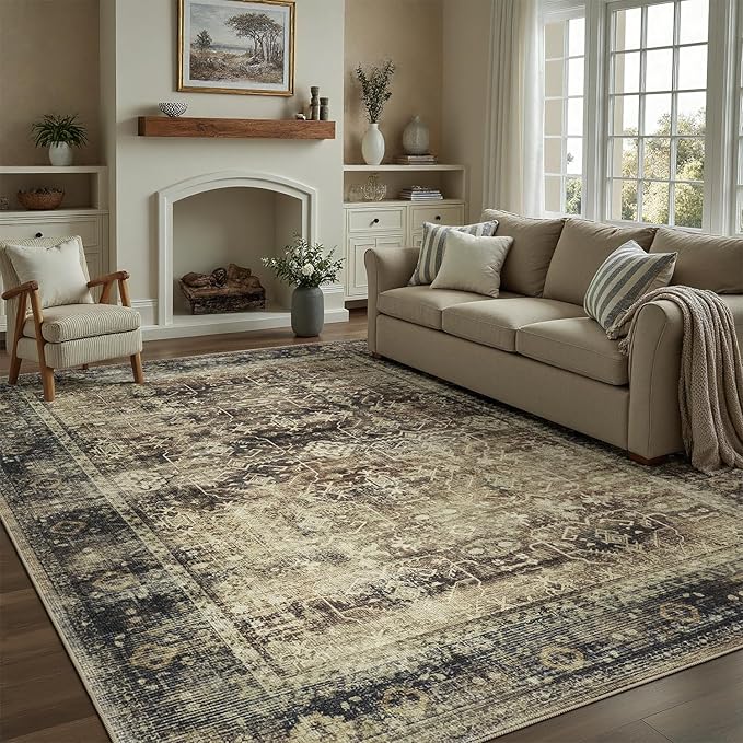 DCX Washable 8x10, Kid & Pet Friendly with Rubber Back Non Slip, Stain Resistant Vintage Rug for Living Room, Bedroom, Home Office, Soft Low Pile Large Farmhouse Distressed Carpet, Brown