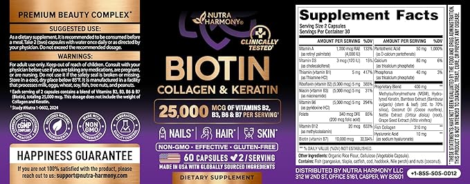 NUTRAHARMONY Biotin | Collagen | Hyaluronic Acid | Keratin - Support Normal Hair Growth Cycle - Skin & Nails - 25000mcg Vitamins B1, B2, B3, B6 & B7 - for Women & Men - Made in USA | 60 Capsules