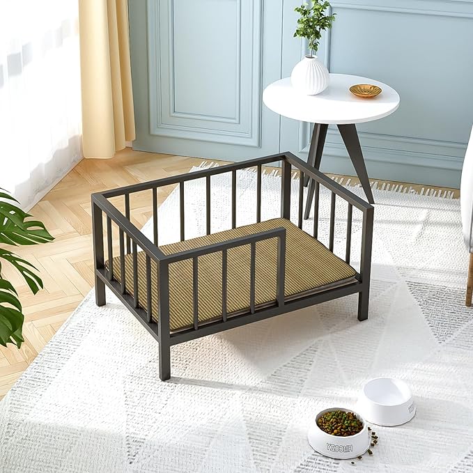 Dog Bed with Rails - Elevated Pet Metal Bed Frame with Solid Wood Board and Washable Soft Mat for Small Dog Indoor or Outdoor Use, 21.3" x 30", Black