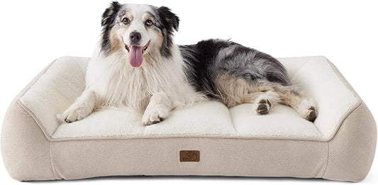 Bedsure SupportMax XL Orthopedic Dog Beds Large Sized Dog - Extra Thick Supportive Dogs Couch with Waterproof Washable Cover, Extra Large Comfort Pet Sofa with Soft Sherpa and Nonskid Bottom, Beige