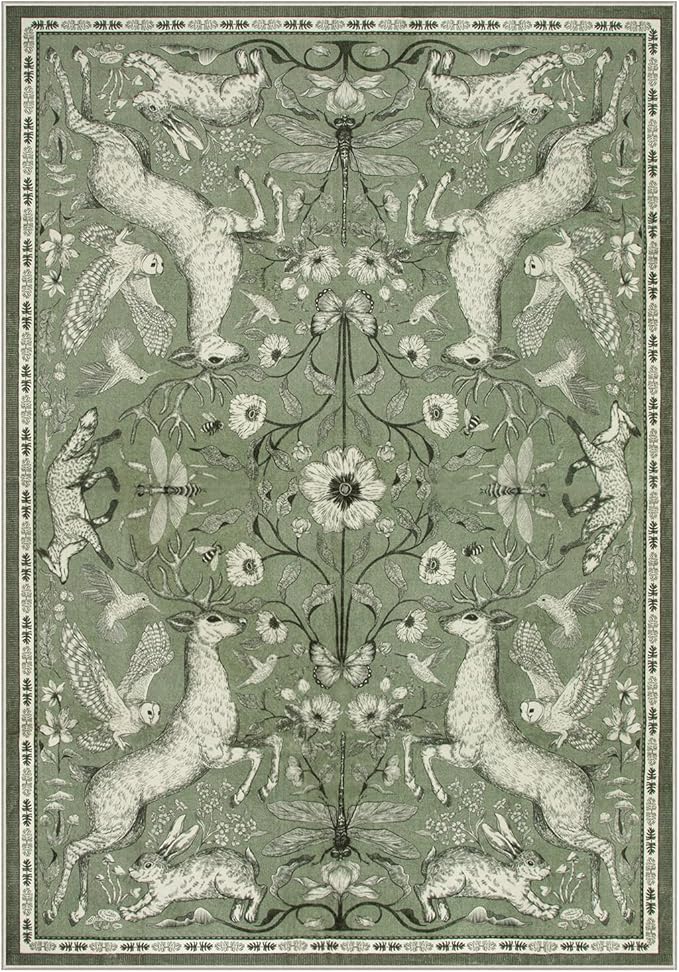 Lahome Boho Animal 5x7 Washable Living Room Area Rugs, Green Soft Rugs for Bedroom, Botanical Large Boho Non Slip Dining Room Carpet for Under Table Entryway Kitchen Office (5x7ft,Green)