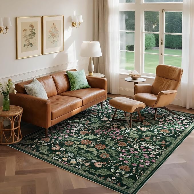 Floral Area Rug for Living Room: 5x7 Washable Soft Low Pile Thin Indoor Carpet, Non Slip Stain Resistant Vintage Flower Boho Accent Rugs for Bedroom, Dining, Home Office - Green