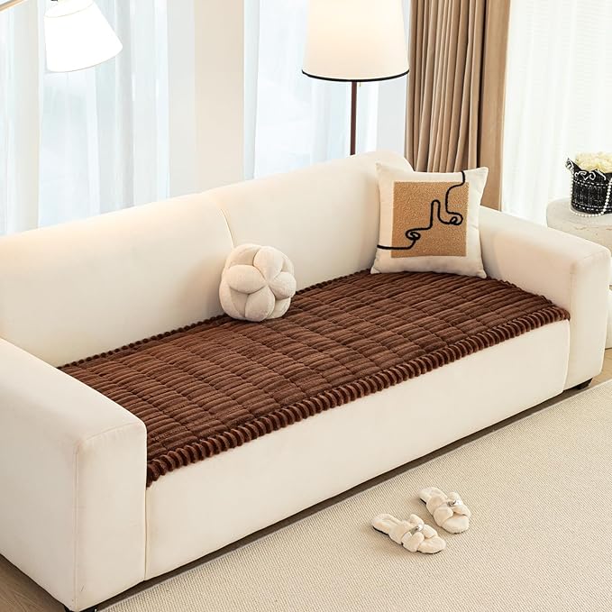 Faux Fur Plush Dog Couch Cover, 3D Stripe Fuzzy Sofa Covers, Non-Slip Fluffy Dog Bed Cover Pet Blanket, Washable Furniture Protector for Puppy Cat (Dark Coffee,35"x82")