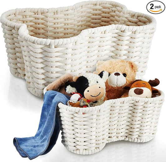 Barydat 2 Pcs Dog Toy Basket Dog Toy Bin Bone Shaped Handmade Pet Organizer for Pet White Cotton Rope Basket (16.5 x 12.4 x 6.89 and 13.39 x 9.25 x 5.4)