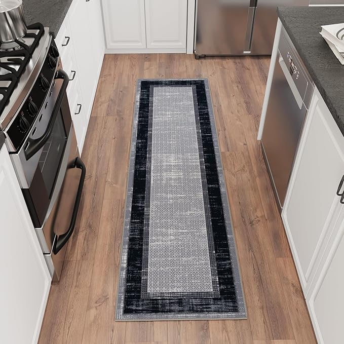 Ottomanson Hallway Runner Rug 1'10" x 7' Non Slip Border Area Rugs Easy to Clean Laundry Rug Runner Durable & Pet Friendly Floor Carpet Runners for Hallways Entryway Living Room Kitchen, Gray/Navy