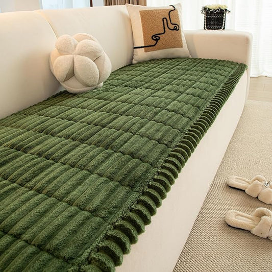 Christmas Faux Fur Plush Dog Couch Cover, 3D Stripe Fuzzy Sofa Covers, Non-Slip Fluffy Dog Bed Cover Pet Blanket, Washable Furniture Protector for Puppy Cat (Dark Green,28"x94")