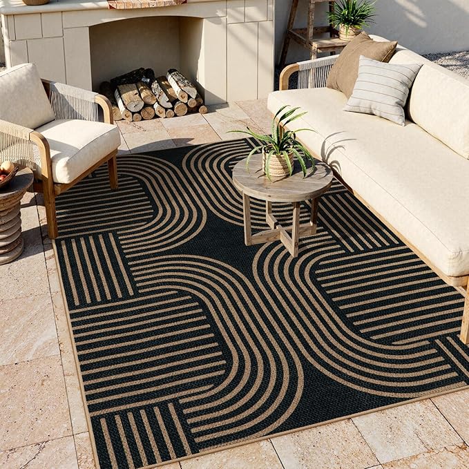 Lahome Modern Geometric Outdoor Easy Jute Rug, 5x7 Patio Living Room Rug Large Black Carpet for Bedroom, Farmhouse Washable Indoor Outdoor Carpet for Dining Room Backyard Deck