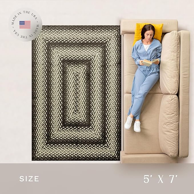 Maples Rugs Marion Bohemian Braided-Style Print Area Rug ??Made in USA ??Low Pile, Non-Slip, Pet-Friendly Indoor Rug for Bedroom, Living Room & Office, 5' x 7', Black