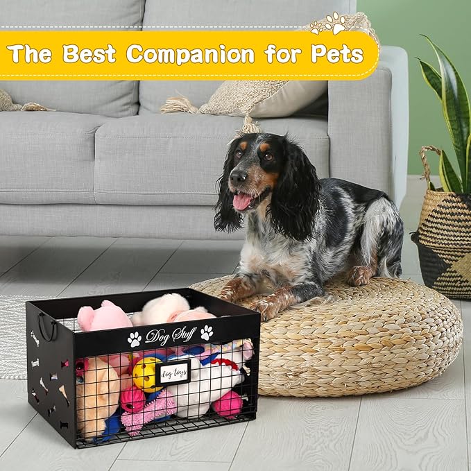 Dog Toy Basket - Large Dog Toy Box with Handles and Label Position Design for Living Room, Metal Dog Toy Bin Storage for Dogs Chew Pets Toys, Blankets, Clothes, Food (Black)