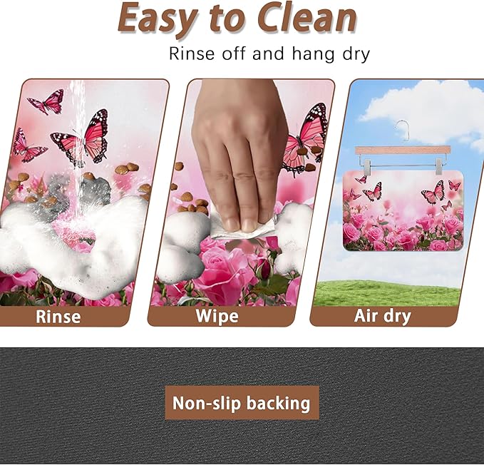 Rose Pink Dog Cat Food Mat,Butterfly Absorbent Pet Feeding Mat for Food and Water,Non-Slip Dog Bowl Mats Floor Protector 16"x24"